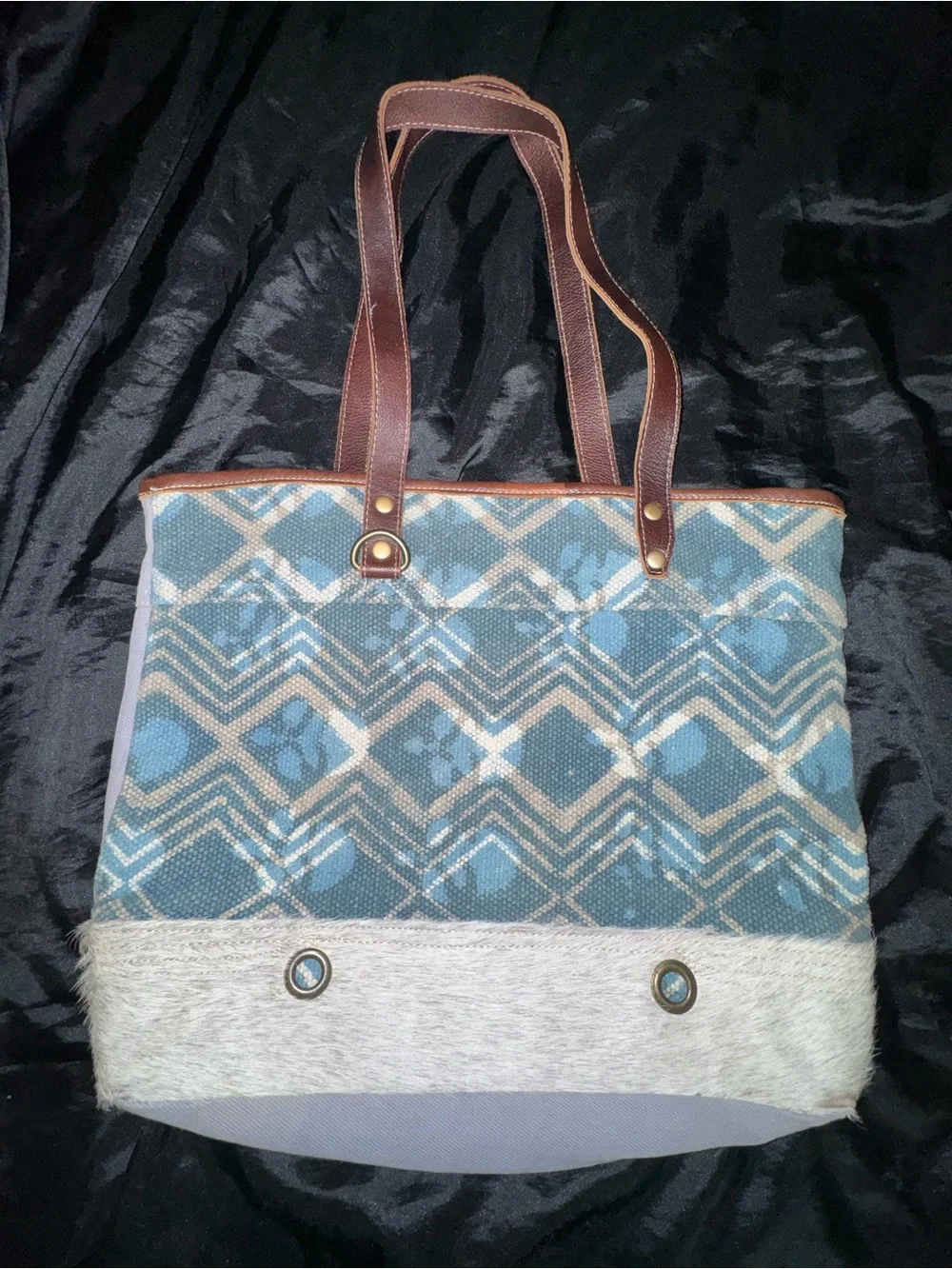 Myra Bag Blue Geometric Cowhide Leather Canvas Large Tote Shoulder Bag Western